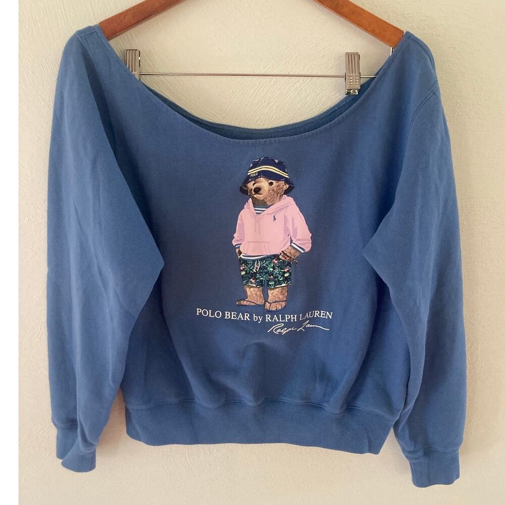 Ralph Lauren Polo Beach Bear Blue Off Shoulder Oxford Crew Pullover Sweatshirt L